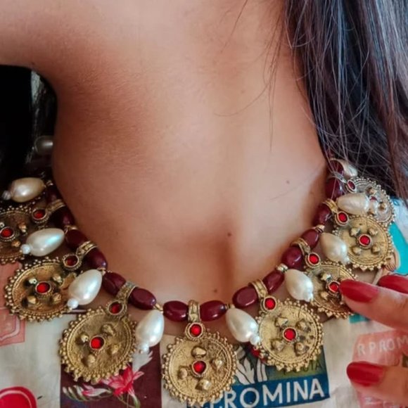 Pearls and Beads Jewelry Set, Handmade Coins Jewelry Set With Glass Stones, - Picture 6 of 12